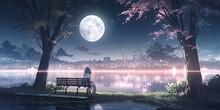 cute anime girl sitting on a bench from behind looking at the moon at night, in front of a lake, sky full of stars, japan city with a cherry tree, realistic, dark light, HDR, 4k, Generative AI
