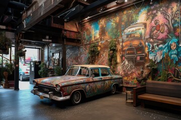 old garage, with colorful mural on the walls and a vintage car in the center, created with generative ai