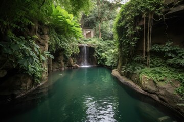 Poster - waterfall cascading into pool, surrounded by lush greenery, created with generative ai