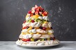 towering meringue dessert with layers of fruit and cream, created with generative ai