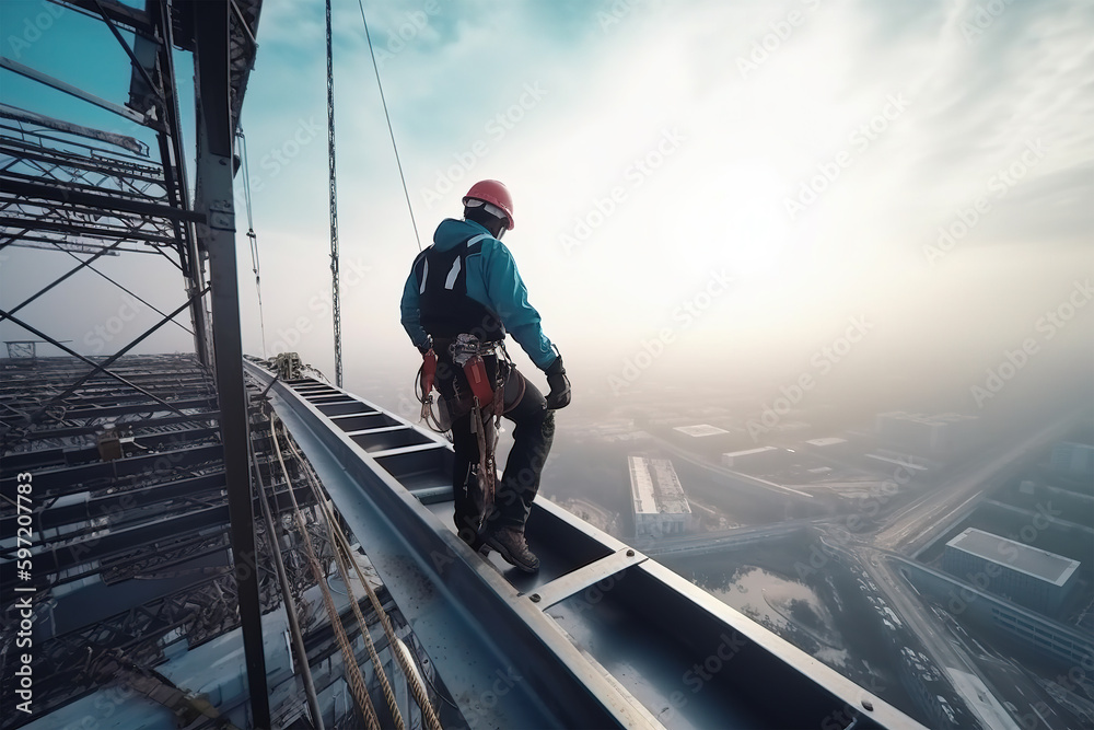 construction engineer worker at heights,architecture sci-fi construction working platform on top of building, suspended cables, fall protection and scaffolding installation