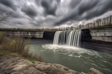 Canvas Print - waterfall with dramatic sky and stormy clouds in the background, created with generative ai