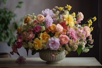 Poster - bright bouquet of pastel flowers in delicate vase, created with generative ai