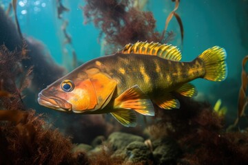 Canvas Print - brilliantly colored fish swimming among kelp in warm waters, created with generative ai