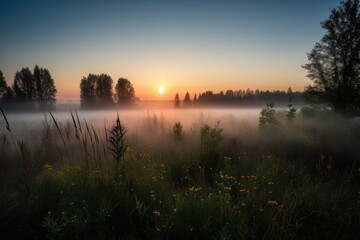 Canvas Print - sunrise, with the sun peeking over the horizon and illuminating misty meadow, created with generative ai