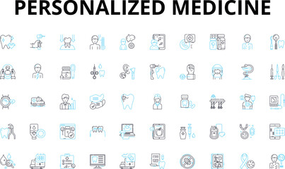  Personalized medicine linear icons set. Genomics, Pharmacogenomics, Biomarkers, Precision, Tailored, DNA, Individualized vector symbols and line concept signs. Therapy,Prognostic,Predictive