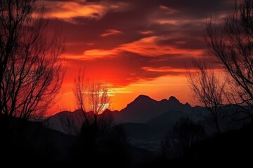 Poster - majestic mountain range, with fiery sunset in the background, and silhouettes of trees against the sky, created with generative ai