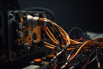 Wall Mural - close-up of a robotic arm with greasy cables, working on a machine, created with generative ai