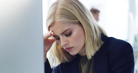 Aufkleber - Burnout, computer or stress woman with headache from business, deadline depression or audit anxiety in office. Corporate, sad or tired female employee with mental health, depressed or frustrated