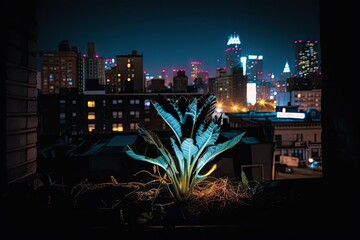 Wall Mural - neon plant, with view of busy city street, showing contrast between nature and the urban landscape, created with generative ai