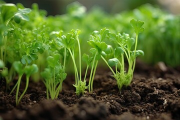 Sticker - close-up of delicate sprouts peeking through the soil, created with generative ai