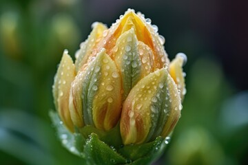 Wall Mural - close-up of blooming flower bud, with dew drops glistening on the petals, created with generative ai