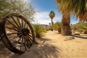 Wall Mural - old wagon wheel lying on the sand in desert oasis, created with generative ai