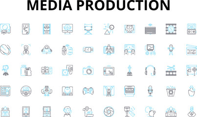  Media production linear icons set. Film, Video, Audio, Multimedia, Podcast, Broadcasting, Recording vector symbols and line concept signs. Cinematography,Post-production,Editing illustration