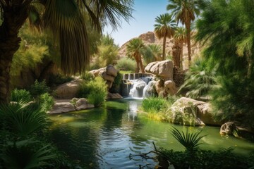 Wall Mural - oasis with waterfall and lush greenery, surrounded by desert, created with generative ai