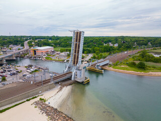 Niantic Beach Railroad Bridge aerial view in a cloudy day between Niantic River and Niantic Bay in village of Niantic, East Lyme, Connecticut CT, USA. 