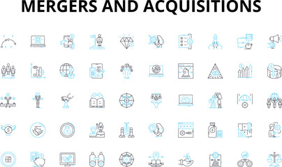  Mergers and acquisitions linear icons set. Consolidation, Integration, Synergy, Dilution, Takeover, Amalgamation, Buyout vector symbols and line concept signs. Merger,Acquisition,Reorganization