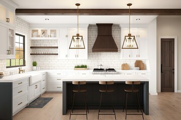 Poster - modern farmhouse kitchen with sleek, minimalist design and accents of warm color, created with generative ai