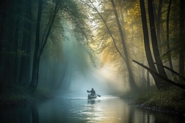 Poster - kayaker paddling through misty morning forest, created with generative ai