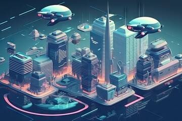 Poster - isometric view of futuristic city with flying cars and floating buildings, created with generative ai