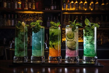 Wall Mural - tower of mojito cocktails, each glass different and unique, created with generative ai