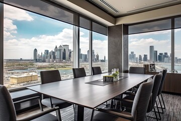 Poster - a meeting room with a view of the city skyline, providing inspiration and motivation, created with generative ai