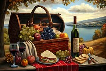 Picnic Basket Overflowing With Fruits, Cheeses, And Bottles Of Wine On Scenic Park Bench, Created With Generative Ai