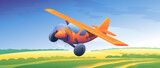 Fototapeta Dinusie - Cute colorful realistic airplane flies. Cartoon aircraft transport summer illustration on meadows background.