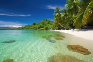 Wall Mural - exotic beach, with crystal clear water and white sand, surrounded by tropical palm trees, created with generative ai