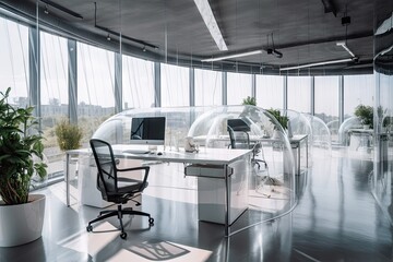 Canvas Print - futuristic open office with floating desks and transparent walls, bringing the outside in, created with generative ai