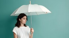 Women Stand With White Blank Umbrella Opened. Template Mock Up Isolated On Color Background. Female Person Hold Clear Parasol Overhead. Plain Surface. Generative AI.