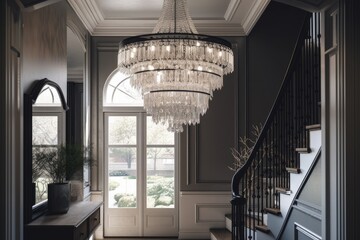 Canvas Print - a dramatic chandelier with crystals and glass in a grand entryway, created with generative ai