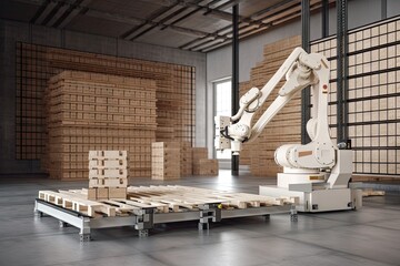 Wall Mural - palletizer robot, lifting and moving pallets of different sizes, created with generative ai