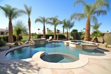 Sticker - oasis with swimming pool and hot tub surrounded by palm trees and desert, created with generative ai