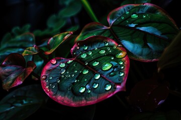 Poster - close-up of neon plant with droplets of water on leaves, created with generative ai