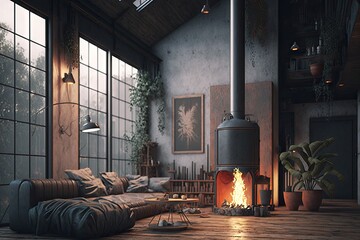 Sticker - industrial home with cozy lounge area and fireplace, created with generative ai