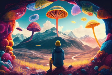 Sticker - person, enjoying the colorful and magical world of mushrooms with a view of distant mountains, created with generative ai