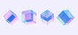 © Kari_designer - 3d holographic abstract cube, crystal blocks with holographic purple color texture. 3d vector illuctration isolated on blue background.