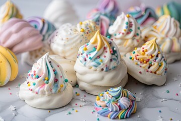 Poster - meringue cookies with piped designs and sprinkles, created with generative ai