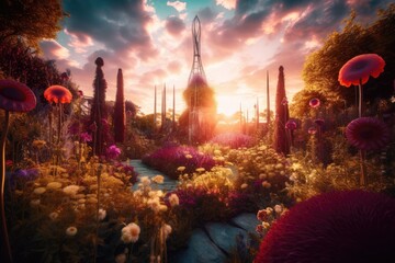 Wall Mural - dramatic sunset over psychedelic garden, with towering plants and blooming flowers in full bloom, created with generative ai