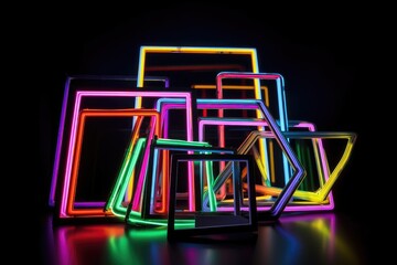 Poster - stack of neon frames in different shapes and sizes on a black background, created with generative ai