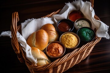 Sticker - basket of warm bread rolls and spreads, created with generative ai