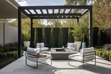 Canvas Print - modern outdoor sitting area with plush seating and sleek metal accents, created with generative ai