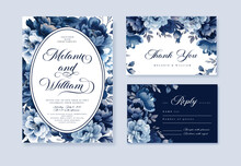 Watercolor Navy Blue Floral Wedding Invitation Card Template