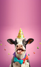 Creative Animal Concept. Cow In Party Cone Hat Necklace Bowtie Outfit Isolated On Solid Pastel Background Advertisement, Copy Text Space. Birthday Party Invite Invitation