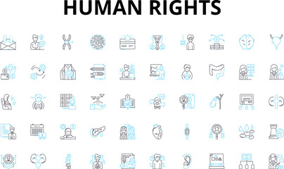  Human rights linear icons set. Equality, Dignity, Justice, Liberty, Freedom, Discrimination, Empowerment vector symbols and line concept signs. Respect,Responsibility,Accountability Generative AI