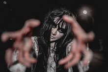 Horror Woman Concept,Ghost On The Road In The City,A Vengeful Spirit On The Street Of The Town,Halloween Festival,Make Up Ghost Face