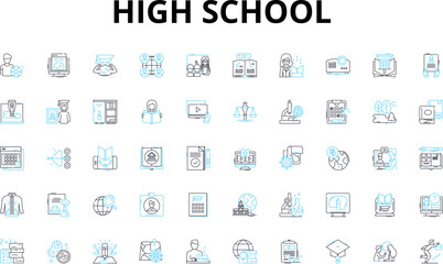 High school linear icons set. Adolescence, Homework, Extracurricular, Exams, Sports, Socializing, Cliques vector symbols and line concept signs. Scholarships,Leadership,Electives Generative AI