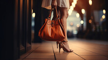 Beautiful Woman Legs In High Heel With Handbag. Shopping And Business, Generative Ai
