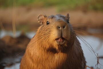 Wall Mural - A close up photo of a capybara, created with Generative Ai Technology